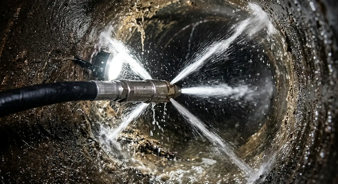 High-pressure hydro jetting nozzle cleaning sewer pipe for Emergency Drain Service in Country Club Estates