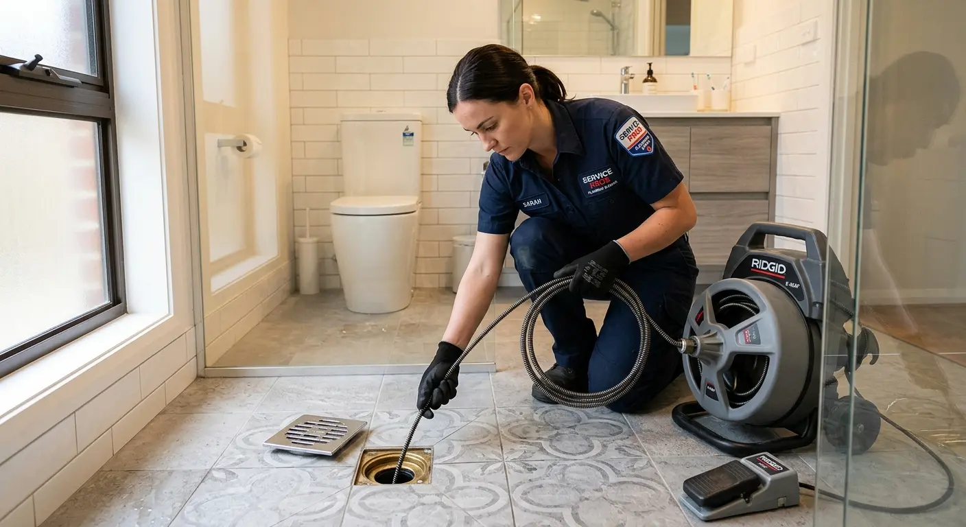 Technician clearing a bathroom floor drain for Clogged Drain Repair in Country Club Estates